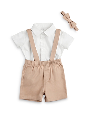 Firsts By Petit Lem Boy's Poplin Shirt & Suspender Shorts Set With Bowtie - Baby In Off White