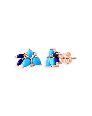 Lapis, Turquoise & Diamond Cluster Stud Earrings in 14K Yellow Gold