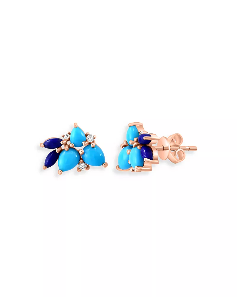 Bloomingdale's Fine Collection Lapis, Turquoise & Diamond Cluster Stud Earrings in 14K Yellow Gold