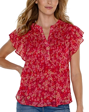 Shop Liverpool Los Angeles Printed Ruffle Sleeve Chiffon Blouse In Berry Blossom