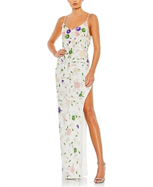 Shop Mac Duggal Beaded Floral High Slit Gown In White Multi