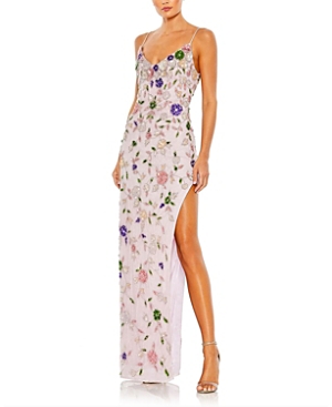 Mac Duggal Purple Embellished Lace Sleeveless V Neck Gown In Lilac Multi
