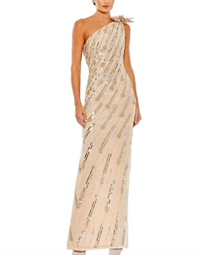 Shop Mac Duggal Embellished Floral Detail One Shoulder Gown In Nude Gold Tone