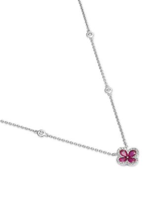 Ruby & Diamond Clover Pendant Necklace in 14K White Gold 0.21 tcw 