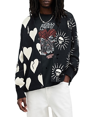 Shop Allsaints Sunbreak Pattern Blocked Button Front Cardigan Sweater In Black