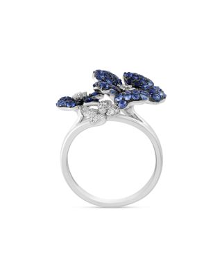 Blue Sapphire & Diamond Triple Flower Statement Ring in 14K White Gold