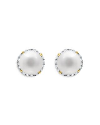 AQUA - Cultured Freshwater Pearl & Cubic Zirconia Two Tone Halo Stud Earrings