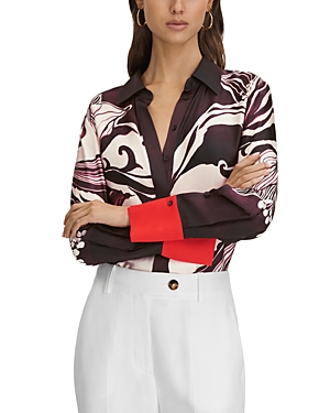 Reiss Burgundy/cream Kari Printed High-low Button-through Shirt In Burgundy/cream