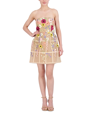 Bcbgmaxazria Tulle Floral Strapless Mini Dress In Champagne