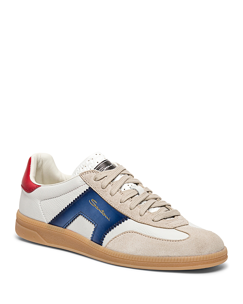 Santoni Low Top Leather Sneakers With Contrast Panel In Blue/red