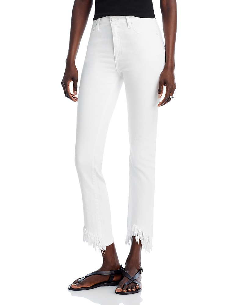 SIMKHAI RIVER HIGH RISE FRAYED ANKLE JEANS IN DISTRESSED WHITE