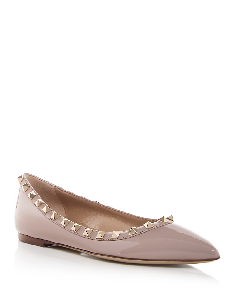 Valentino Garavani Valentino Pointed Toe Flat Shoes With Gold-tone Rockstuds In Pink