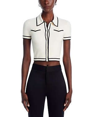 Alice And Olivia Alice + Olivia Marlena Crop Wool Blend Button-up Polo Sweater In Ecru/black