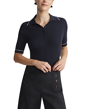 Lafayette 148 Ribbed Buttoned Polo Top In Ink Multi