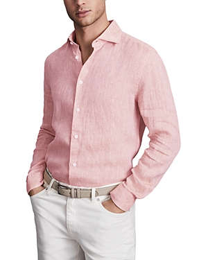 Shop Reiss Ruban Long Sleeve Button Front Linen Shirt In Flamingo