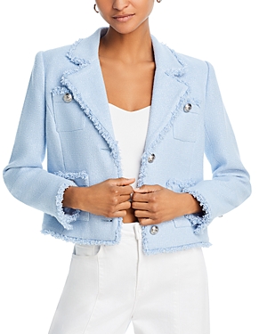 Shop L Agence L'agence Sylvia Fringe Trim Tweed Jacket In Pale Blue
