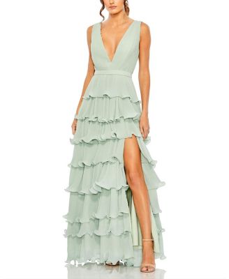 Sleeveless Ruffle Tiered V Neck Gown