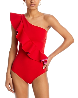 Chiara Boni La Petite Robe Atlante Ruffle Asymmetric One-piece Swimsuit In Passion Bubblegum