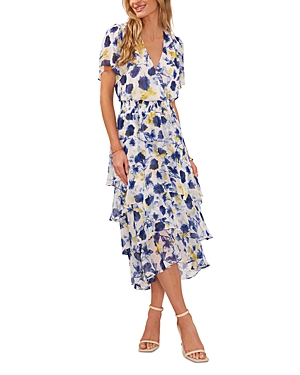 Vince Camuto Floral Print Flutter Sleeve Tiered Ruffle Midi Dress