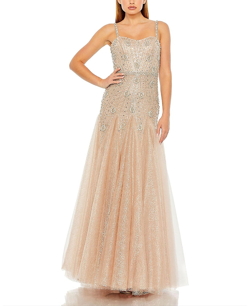 Mac Duggal Slim Strap Embellished Bustier Gown In Neutral