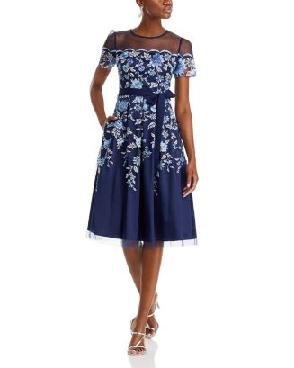 eliza j illusion neck embroidered lace midi dress Eliza J Women's Illusion-Neck Embroidered Mesh Dress - Black