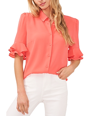 Cece Ruffled Button Up Blouse In Calypso Coral