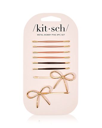 Metal Enamel Puffy & Bow Bobby Pins - Rosewood, Set of 8