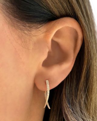 14K Yellow Gold Diamond Loop Hoop Earrings