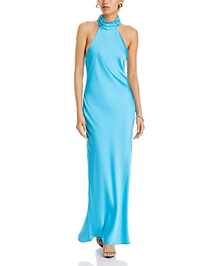 Shop Ramy Brook Tatiana Satin Halter Gown In Isola Blue