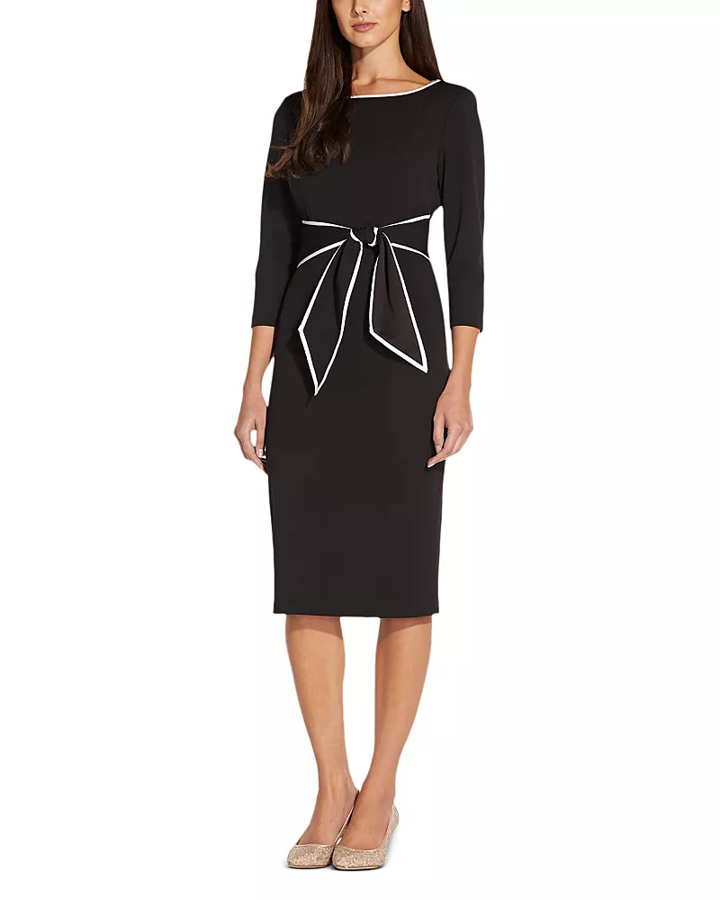 Adrianna Papell Tipped Crepe Tie Waist Dress
