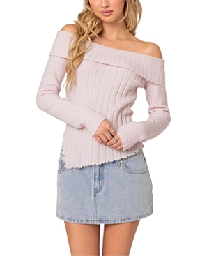 Edikted Sonya Foldover Off The Shoulder Rib Sweater In Light Pink
