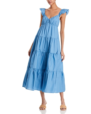Shop Aqua Flutter Sleeve Cotton Dress In Denim Blue