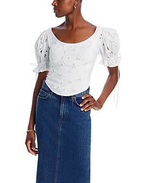 French Connection Rhodes Embroidered Puff Sleeve Top In White