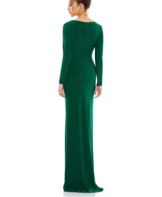 Long Sleeve Ruched Jersey V-Neck Gown