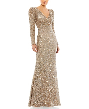 Shop Mac Duggal Puff Shoulder Sequined Surplice Gown In Shimmering Gold-tone
