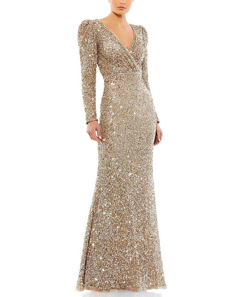 Mac Duggal Long Sleeve Sequin Trumpet Gown In Shimmering Gold
