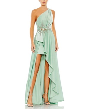 Shop Mac Duggal Embellished One Shoulder Asymmetrical Gown In Sage