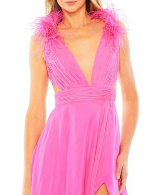 A-Line V Neck Feathered Collar Gown