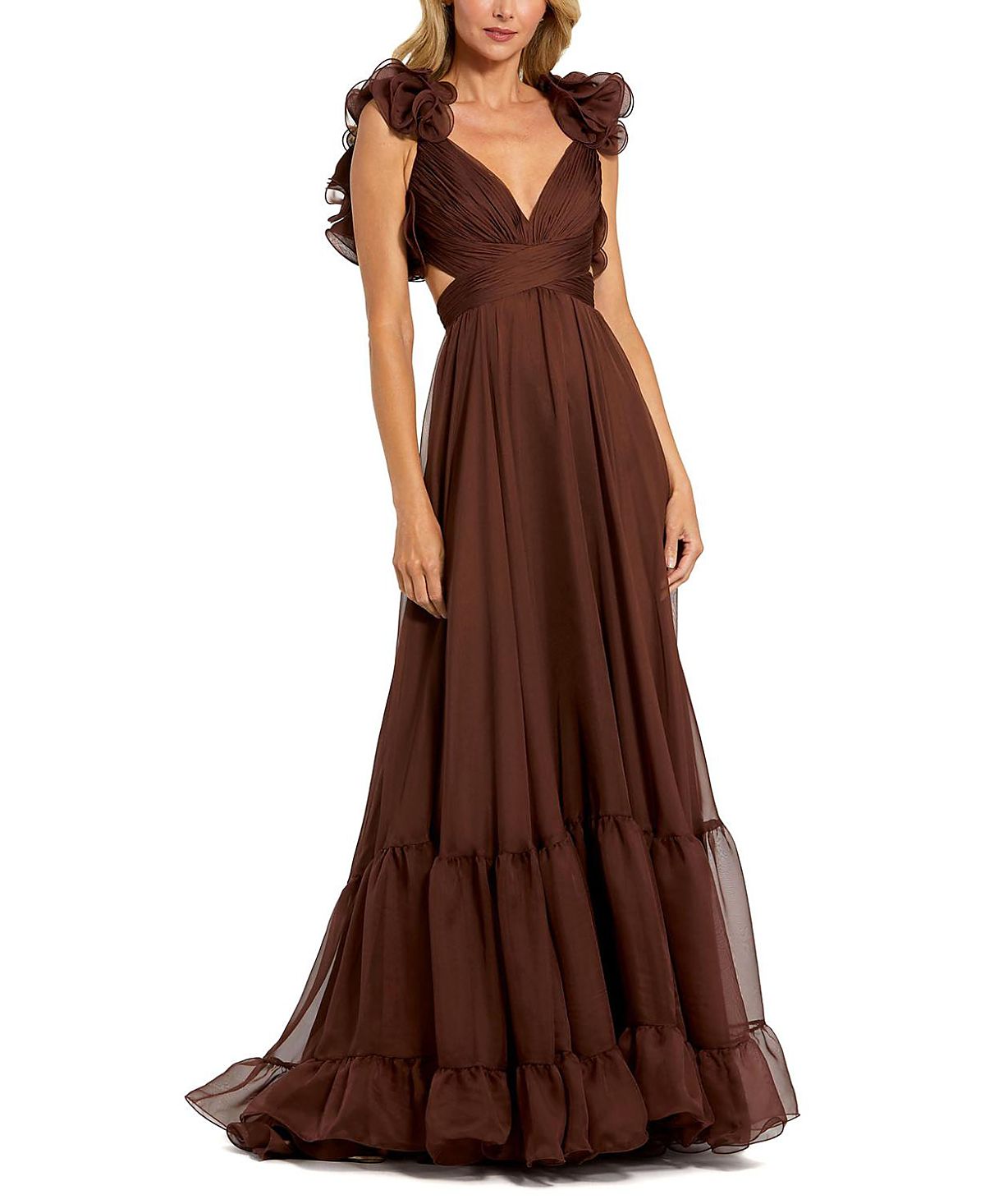 Mac Duggal Ruffle Tiered Cut-Out Chiffon Gown