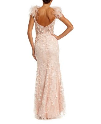 Feather Straps Sheer Applique Bustier Gown