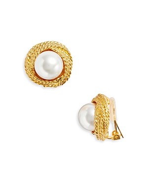 Shop Kenneth Jay Lane Imitation Pearl Love Knot Clip On Earrings In White/gold