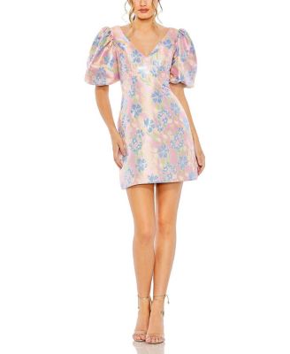 Mac Duggal - Floral Puff Shoulder Brocade Mini Dress