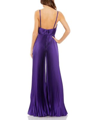 Pleated Plunge Neck Wide Leg Jumpsuit