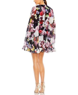 Floral Print High Neck Ruffle Hem Cape Mini Dress