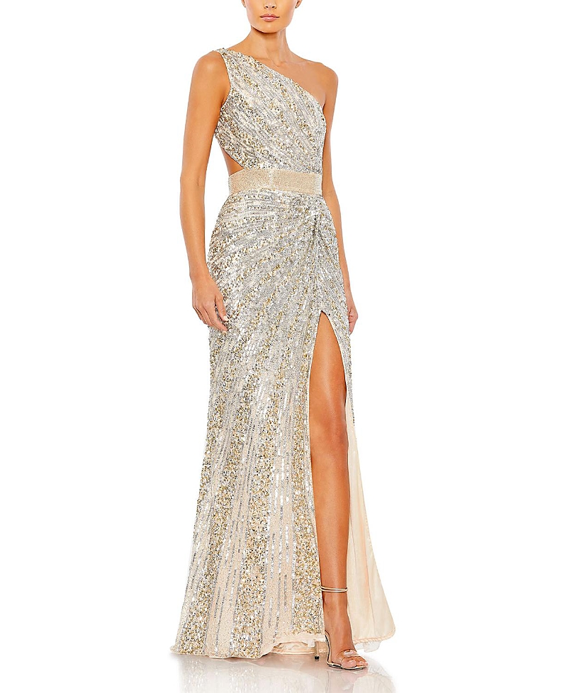 Mac Duggal Sequined One Shoulder Draped Lace Up Gown In Nude Silver