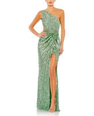 【US発】Mac Duggal ワンショルダー マーメイドドレス Silver Sequined One Shoulder Draped Lace Up Gown - Mac Duggal
