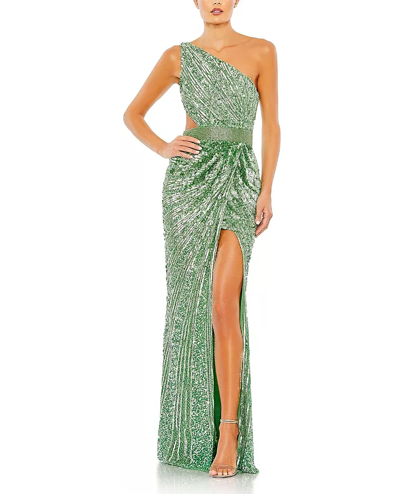 Mac Duggal Sequined One Shoulder Draped Lace Up Gown