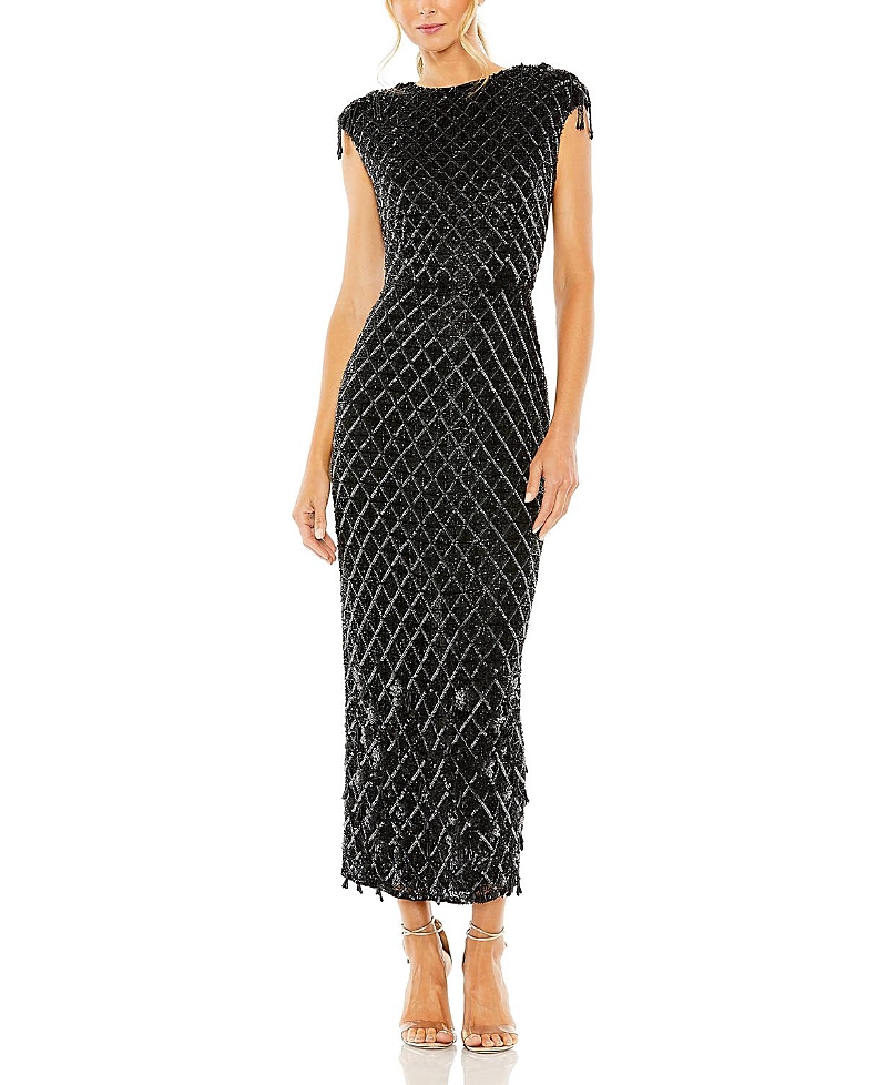 Mac Duggal Crystal Fringe Detail High Neck Dress