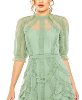 Mac Duggal High Neck Puff Sleeve Ruffle Tiered Dress