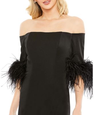Feather Trim Off The Shoulder Column Gown